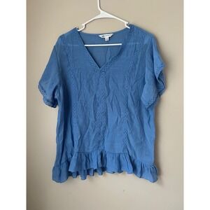 Counterparts Blue Crochet Trimmed Ruffle Hem V Neck  Top Size L Boho Coastal